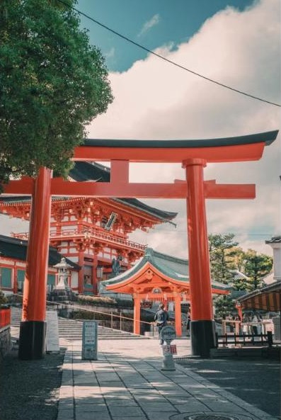 Bright red torii gate at Fushimi Inari Shrine in Kyoto, Japan