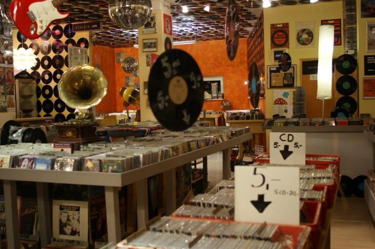 Crates of vinyl records in a record shop